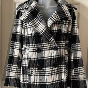 George Black and White Plaid Women's Peacoat